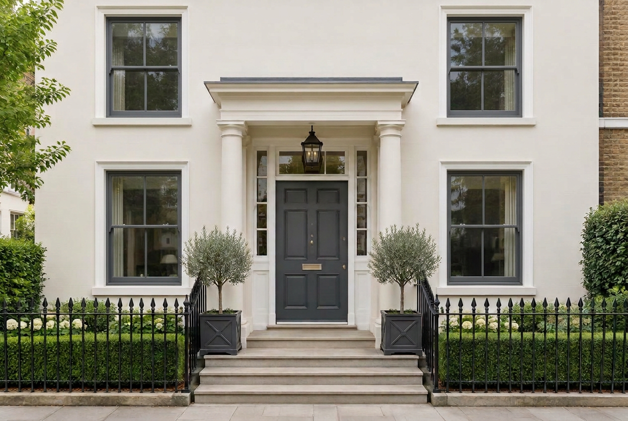 House with new grey sash windows and front door